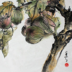 An original ink on mulberry paper artwork of figs and leaves by artist Judy Head