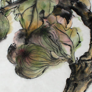 An original ink on mulberry paper artwork of figs and leaves by artist Judy Head detail