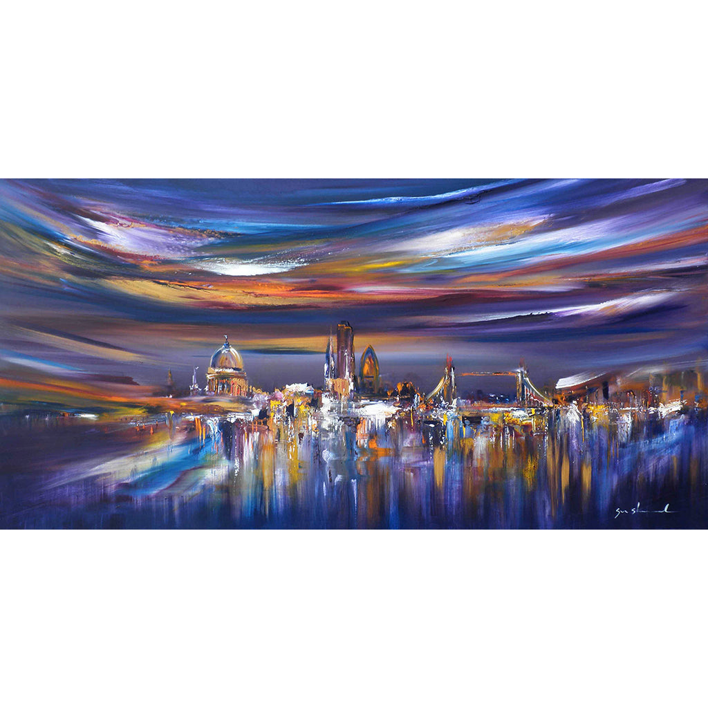 Canvas Print Reflected in you by Sara Sherwood, abstract and cityscape artist, is a colourful panoramic view of London painted in oil on canvas.