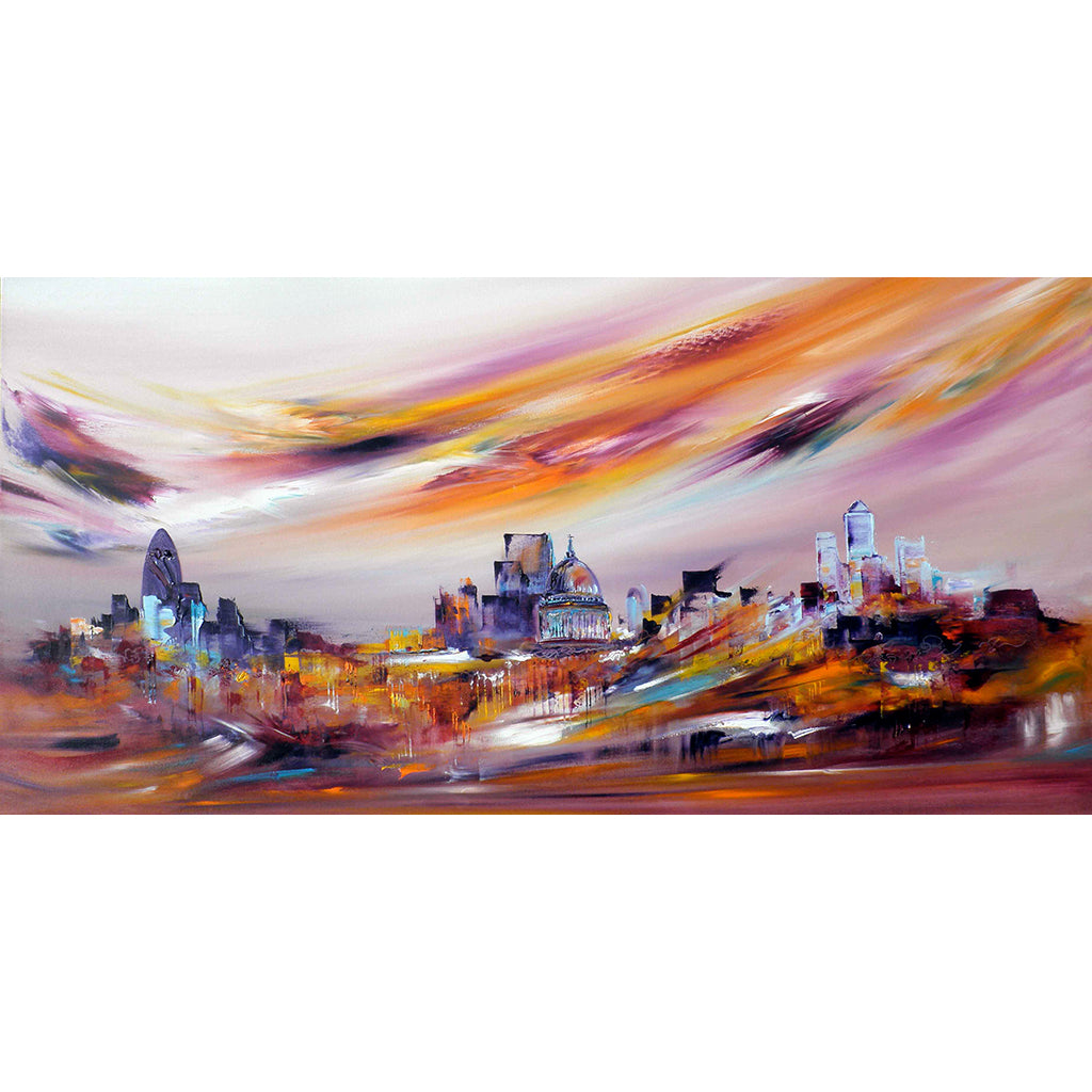 Cityscape Canvas Print Rainbows Everywhere by Sara Sherwood, abstract and cityscape artist, depicts St Paul’s Cathedral and the city of London in warm hues.