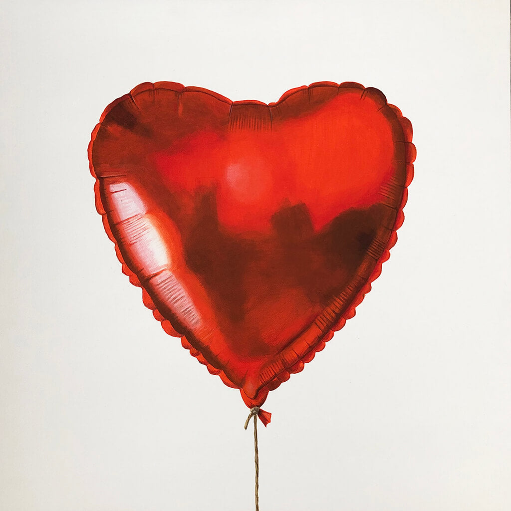 Red heart-shaped helium balloon painted by Amanda Gosse in acrylic on deep edge canvas