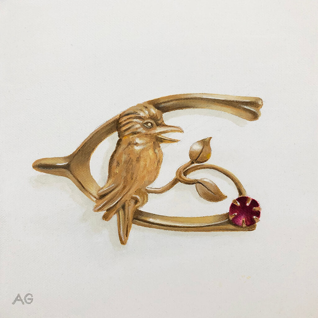Original acrylic painting of an antique gold kookaburra bird brooch from Australia by Amanda Gosse