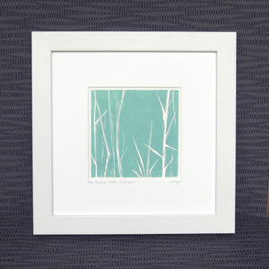 Bamboo Stalks hand printed linocut finished with pencil details by London artist Sarah Knight in dark grey or green