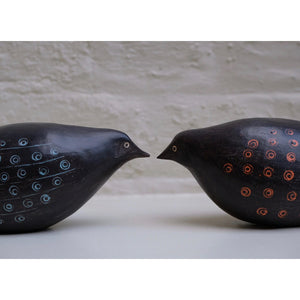 Blackbirds I and II hand built one of a kind black stoneware bird with incised orange slip design by Caroline Nuttall-Smith