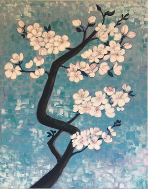 Blossom by Helen Trevisiol Duff Acrylic on canvas painting of pink flowers and blue sky display