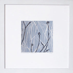 Hand printed linocut by artist Sarah Knight in yellow and grey or brown and blue. Limited edition made with hand mixed inks. Wall.