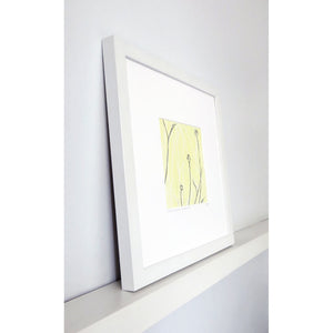 Hand printed linocut by artist Sarah Knight in yellow and grey or brown and blue. Limited edition made with hand mixed inks.