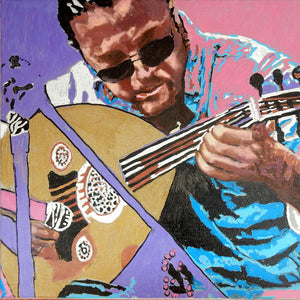 Zana Asia busker musician performing on the streets of Knightsbridge in London acrylic on canvas artwork by Stella Tooth detail