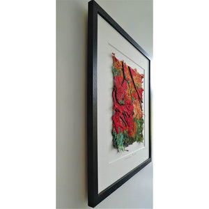 Cascading Flames embroidery artwork by Diana Mckinnon in red orange and green