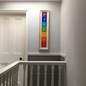 Chakras a unique rainbow coloured embossed artwork with gold leaf Sanscrit symbols by London based textural artist Gill Hickman 