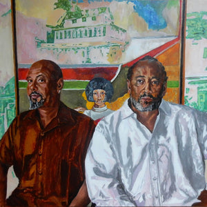 Frank Bowling ‘Cover Girl’ painting with Ben and Sacha oil portrait by Stella Tooth