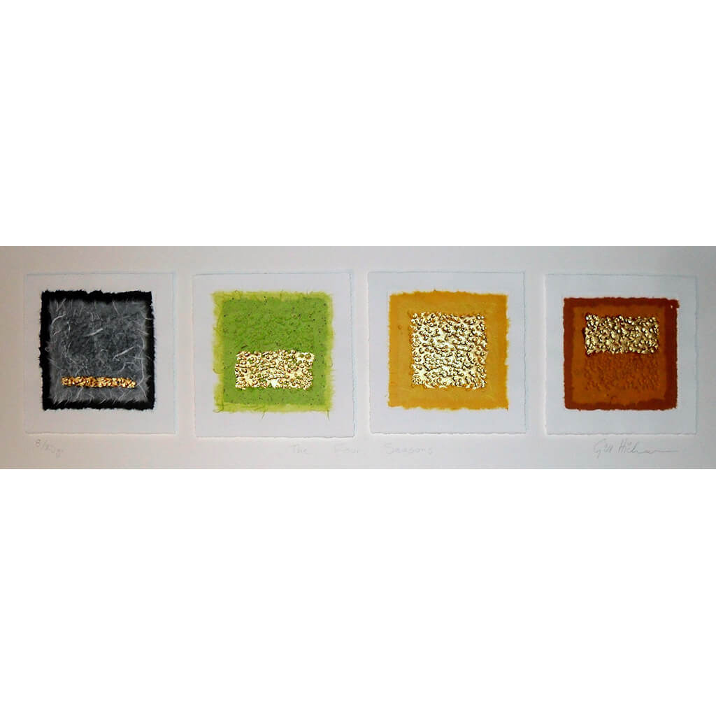 the four seasons, abstract paper artwork with gold leaf embellishment, by textural artist gill hickman