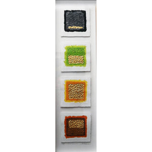 four seasons abstract artwork by textural artist gill hickman four small collages with gold leaf are arranged in a vertical frame