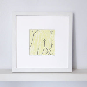 Hand printed linocut by artist Sarah Knight in yellow and grey or brown and blue. Limited edition made with hand mixed inks.
