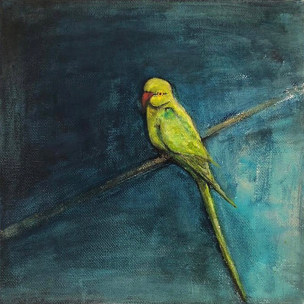 Little Parakeet original small acrylic painting by London artist Sarita Keeler depicting a bird in flight across a blue sky