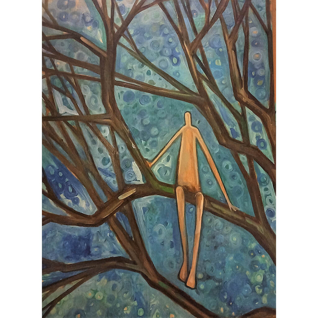 Me Myself and I oil on board painting of human figure sitting in tree by Wilf Frost