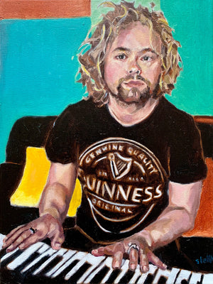 Marky Dawson performing in lockdown, oil on canvas artwork by Stella Tooth