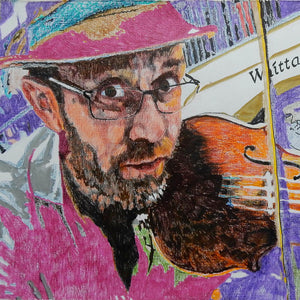 Oopsie Mamushka musician busking in Covent Garden mixed media drawing on paper original artwork by Stella Tooth Detail