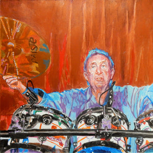 Pink Floyds Nick Mason at the Half Moon Putney mixed media portrait of by London based musician artist Stella Tooth Detail