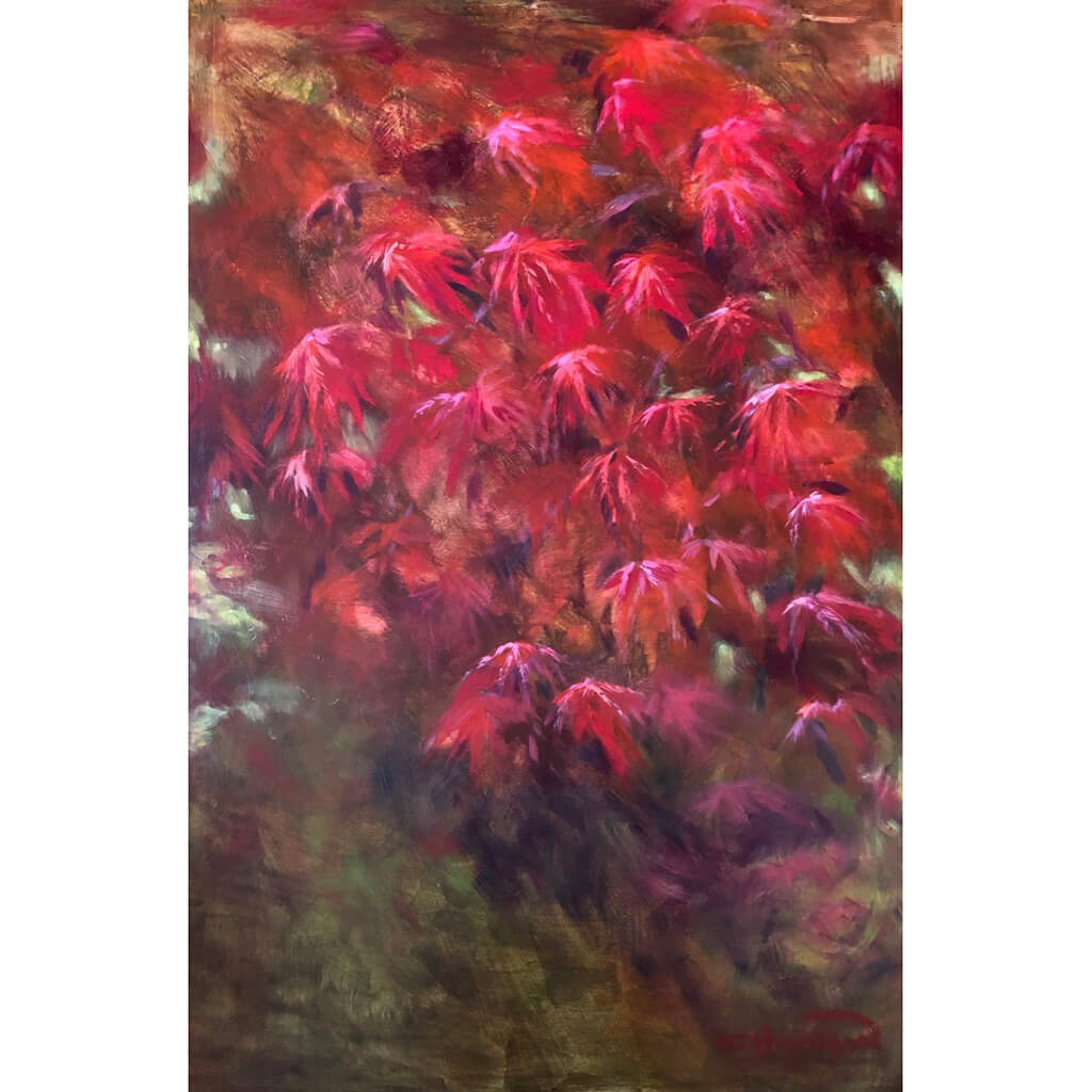 Original large painting in shades of red titled Ruby Acer by artist Claire Thorogood depicting red Japanese maple leaves