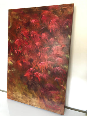 Original large painting in shades of red titled Ruby Acer by artist Claire Thorogood depicting red Japanese maple leaves Display