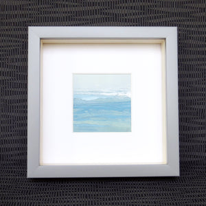 Seascape XVIII by Sarah Knight. An original semi-abstract mini oil seascape of calm seas in blue, green and grey with optional frame