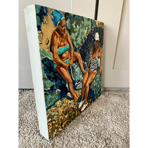 An original oil painting on canvas of friends on a Mediterranean holiday in Italy, painted by London artist Stella Tooth. A work of art in hues of blue and turquoise side