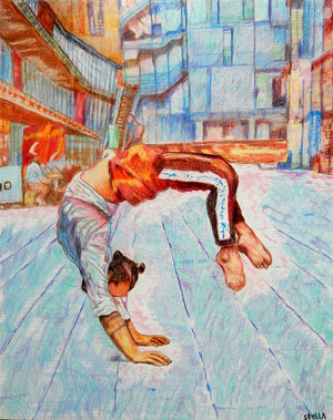 Manuele d’Aquino street performer South Bank London acrobat portrait drawing original artwork by Stella Tooth artist display