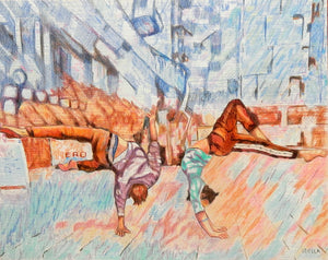 Jonathan Last and Manuele d’Aquino street performer acrobats South Bank London original drawing artwork by Stella Tooth