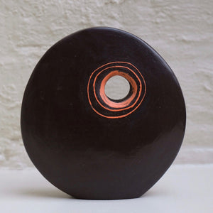 Standing Stone I by Caroline Nuttall-Smith unique hand built small black stoneware sculpture with incised orange and pale green line