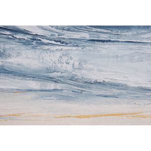 Stone Blue Storm by Sarah Knight. An original semi-abstract oil seascape painted in shades of blue and grey framed in white wood