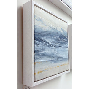 Stone Blue Storm by Sarah Knight. An original semi-abstract oil seascape painted in shades of blue and grey framed in white wood side