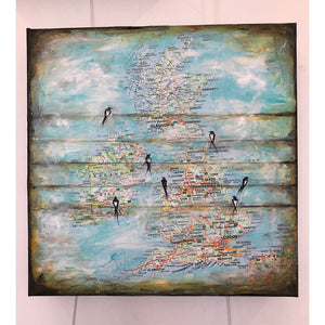 Swallows birds on telegraph wires original acrylic mixed media artwork by London artist Sarita Keeler
