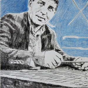 A Greek sandouri playing musician performing on the streets of London mixed media drawing on paper artwork by Stella Tooth detail