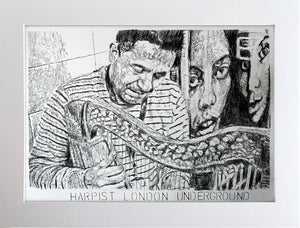 Diego Laverde Rojas mixed media on paper original artwork of a harp player on the London Underground by artist Stella Tooth display