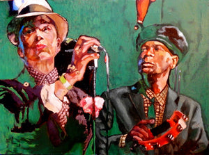 The Selecter ska band musicians performing at a show in London original artwork oil on canvas painting by Stella Tooth artist display
