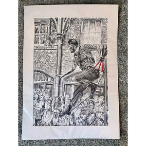 A slackliner artist performing in Covent Garden London to onlookers pencil drawing on paper by Stella Tooth portrait artist in mount