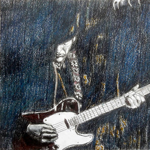 The Trembling Wilburys musicians performing at the Half Moon Putney mixed media drawing on paper artwork by artist Stella Tooth detail