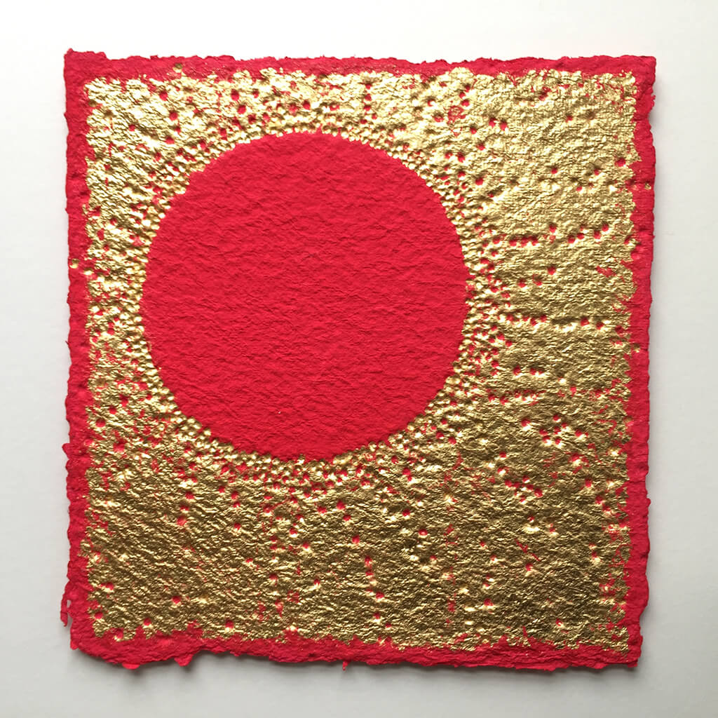 Toward the One embossed mixed media with real gold leaf by London based textural artist Gill Hickman 