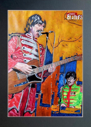 Ultimate Beatles at the Half Moon Putney Mixed media on paper of musician by London based performer artist Stella Tooth display