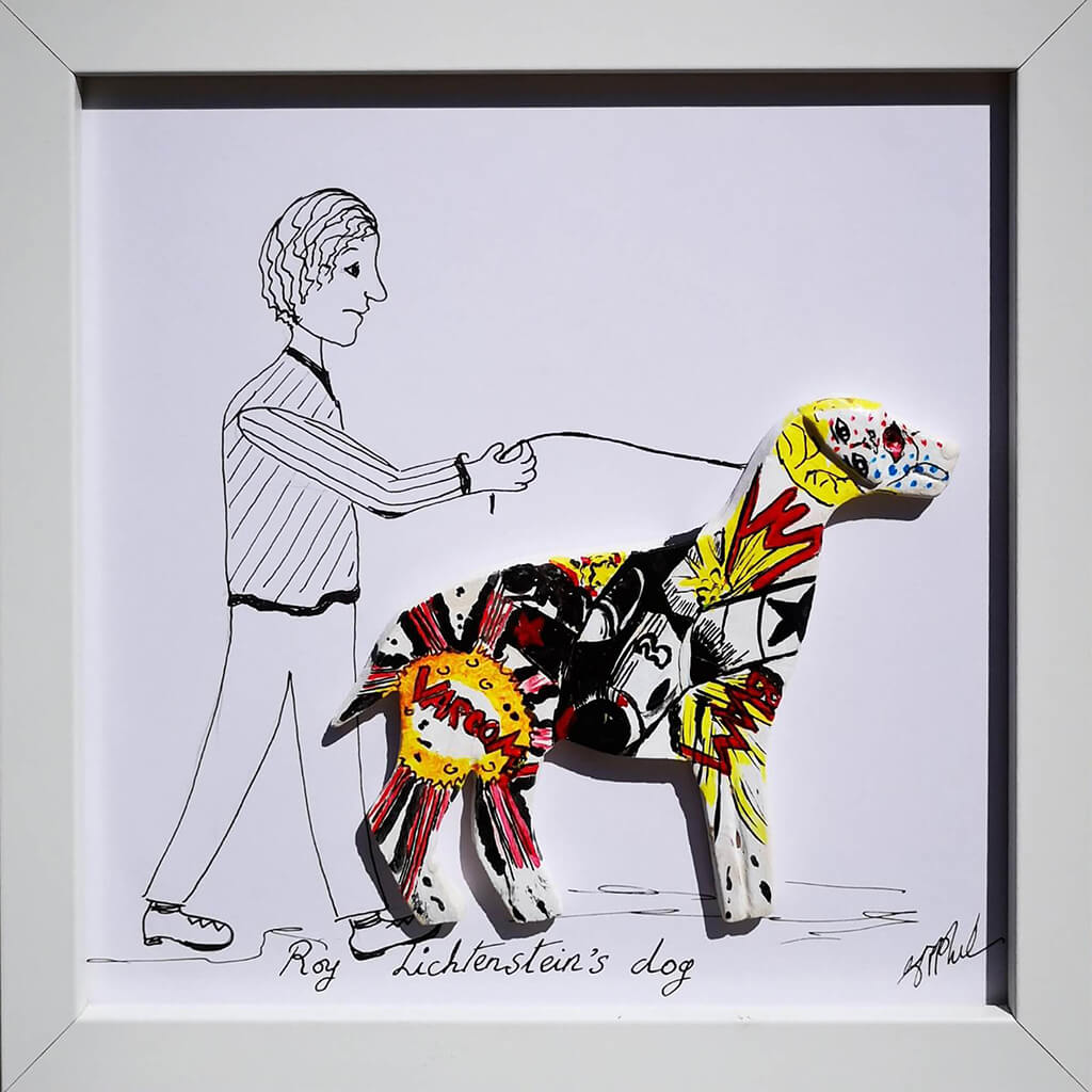 Lichtenstein's Dog by Vivien Phelan Ceramic acrylic, pen & ink.
