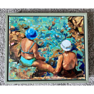 Vecchie Amiche in Ischia by Stella Tooth original oil painting of two sunbathing ladies by Mediterranean waters in Italy framed
