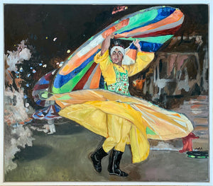 Turkish whirling dervish dancer performing in Turkey original artwork oil on canvas painting by Stella Tooth artist display