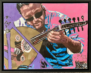 Zana Asia busker musician performing on the streets of Knightsbridge in London acrylic on canvas artwork by Stella Tooth in frame