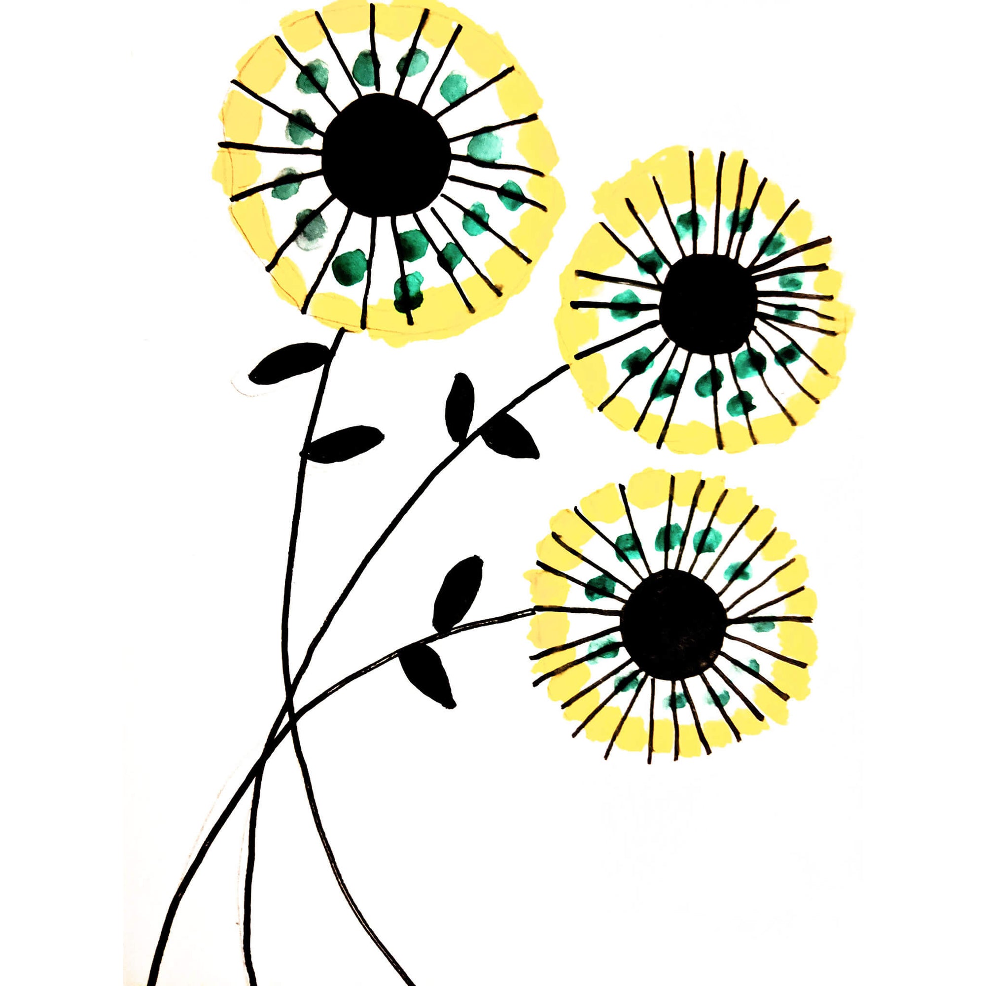 Flowering by Bukola Dagiloke fine art print featuring three yellow and green flowers
