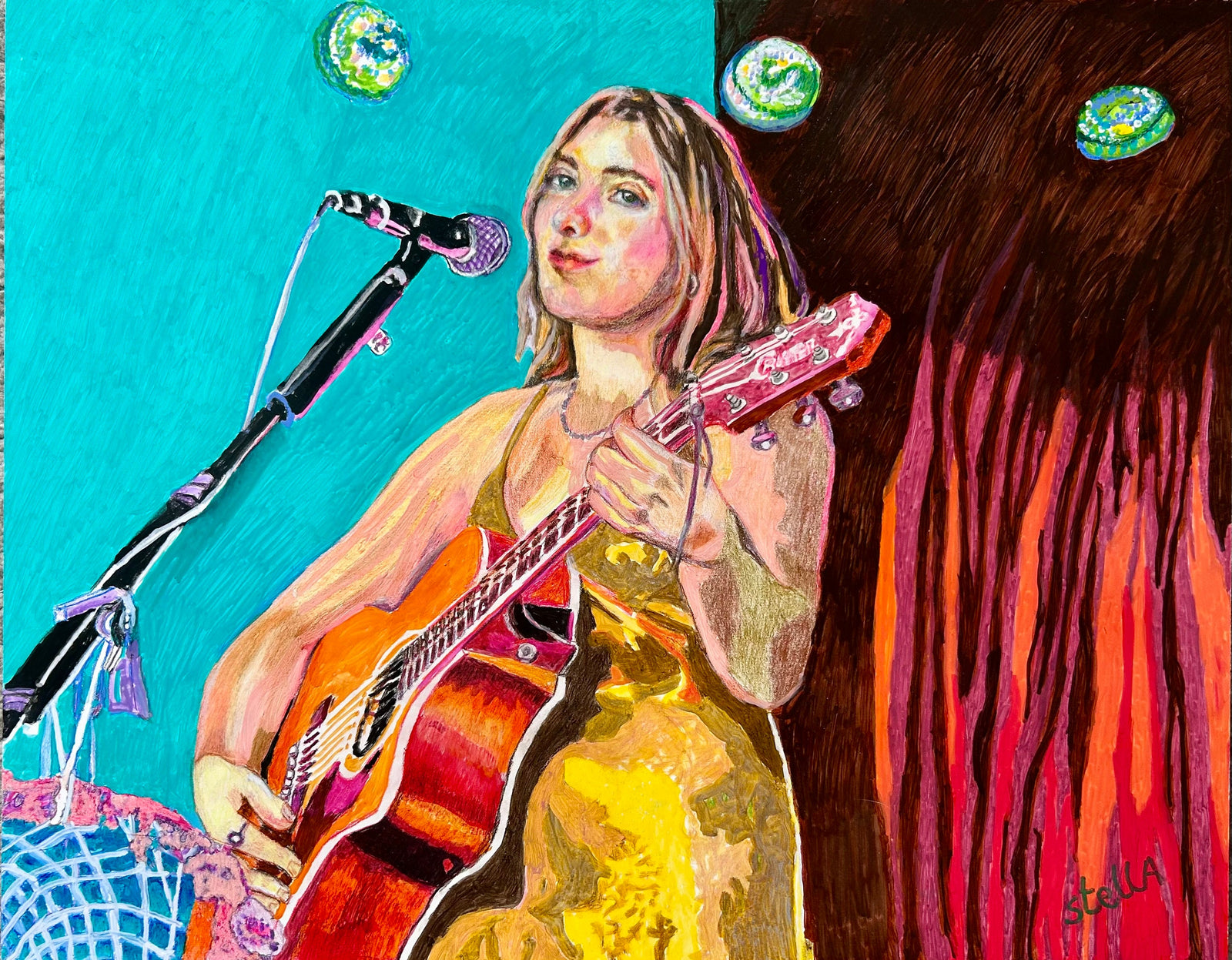 Mixed media portrait of folk rock musician Beau Bennett by Skylark Galleries portraitist Stella Tooth. Beau, with blonde hair and blue eyes, is portrayed playing her guitar in front of a microphone.