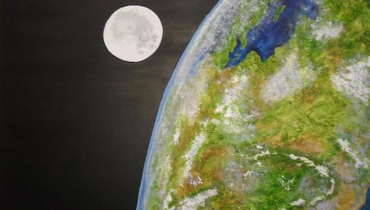 above and beyond, a painting by gill hickman of a section of planet earth and the moon seen from space