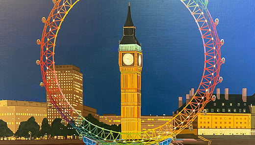colourful oil painting of Big Ben and the London Eye reflected in the River Thames by artist Lindsay Pickett