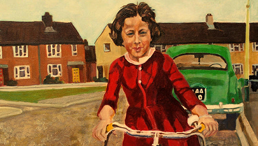 my first bike ride, a painting by stella tooth of herself in a 60s red dress riding her bike