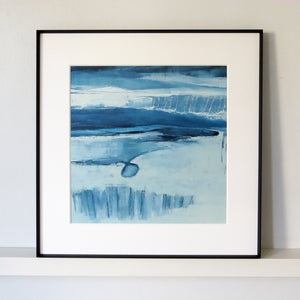 Abstract art painting with blue and white brush strokes called Sea Cells by Sarah Knight Art